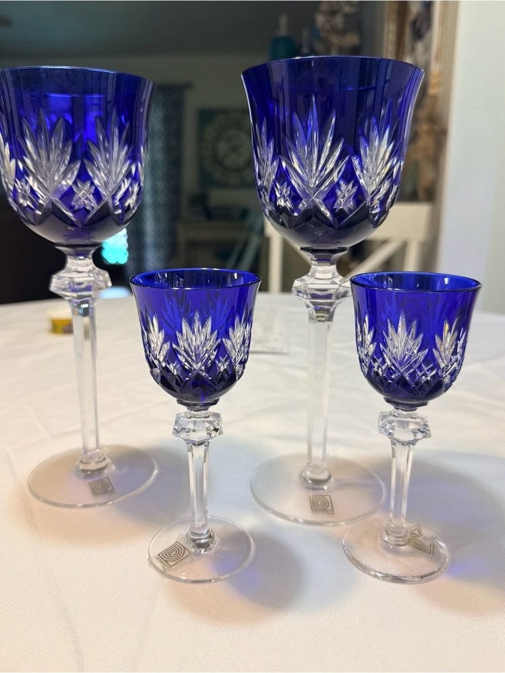 Vintage Dorotheenhutte cut Crystal cobalt blue wine & cordial glasses set of 4